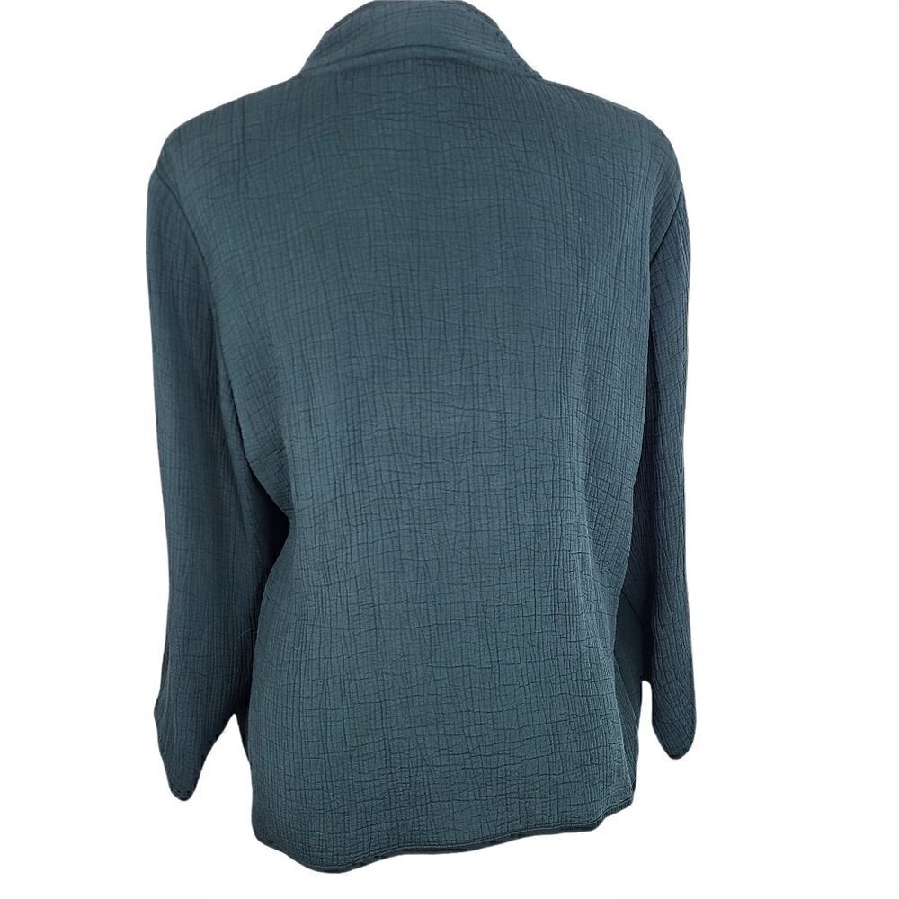 Eileen Fisher Textured Silk Rayon Forest Green Open Front Cardigan - Picture 4 of 6